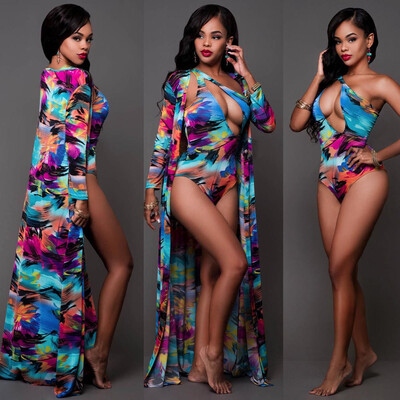 

Roseonmyhand Women Ink Printing Bikini Swimwear Bathing One Cloak Coat Romper Swimsuit