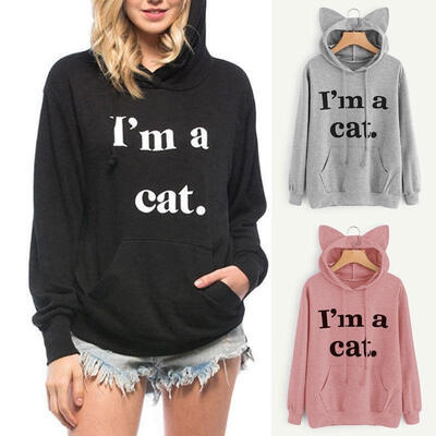 

Womens Fashion Letter Print &39I AM A Cat&39 Ear Ladies Pullover Hoodies Long Sleeve Sweatshirt
