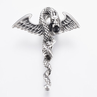 

304 Stainless Steel Big Pendants with Rhinestone Dragon Antique Silver 59x47x15mm Hole 9x65mm