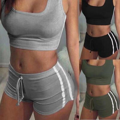 

2 Pcs Womens Sleeveless Crop Top Shorts Tracksuit Set SportsGymRunYoga Suit
