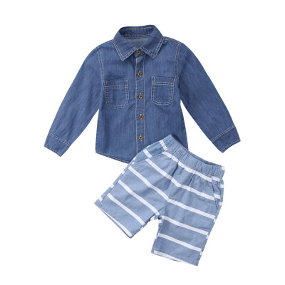 

Newborn Baby Boys Denim Tops T-shirt Striped Short Pants 2Pcs Outfts Clothes CA