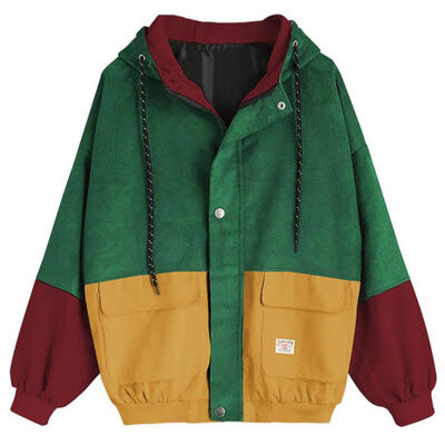 

Women New Simple Warm Long Sleeve Cute Color Matching Plus Velvet Loose Hooded Coat