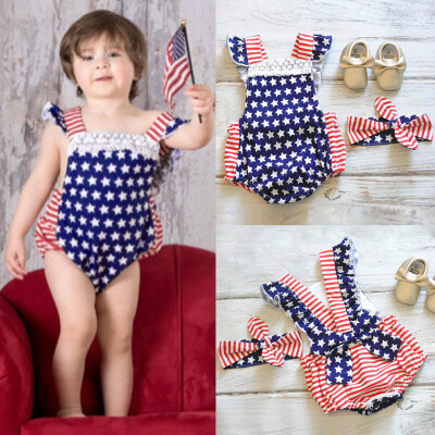 

Infant Baby Girls 4th of July Stars Striped Patriotic Backless Romper Bodysuit