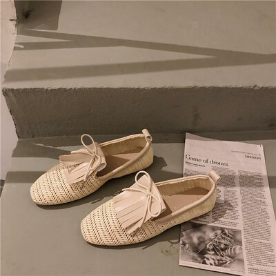 

Straw-knitted single shoe woman Xia Style Retro Style Tou Liu Hu shoe woman breathable one foot pedal flat sole shoe woman