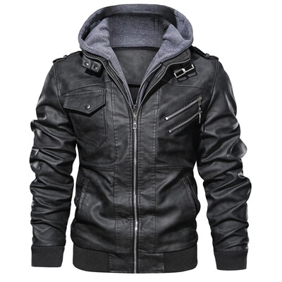 

Gobestart Mens Autumn Winter Vintage Zipper Hoodie Pure Color Imitation Leather Coat