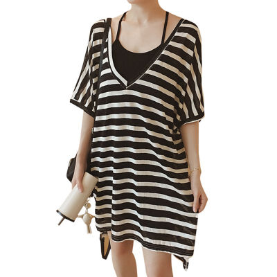 

2pcsset Women Summer Fashion Loose Concise Casual All-match Striped Short Sleeve Dresses Set
