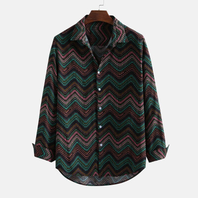 

Toponeto Mens Vintage Ethnic Striped Printing Loose Long Sleeve Stand Collar Casual Shirt