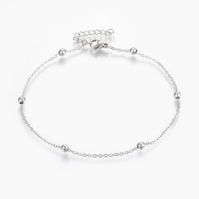 

304 Stainless Steel Anklets with Lobster Claw Clasps Round Beads&Cable Chains Stainless Steel Color 9"230mm 15mm