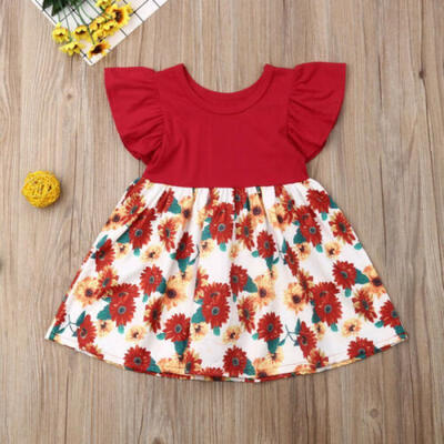 

Summer Toddler Baby Girl Sunflower Skirt Sleeveless Red Floral Dress Outfit US