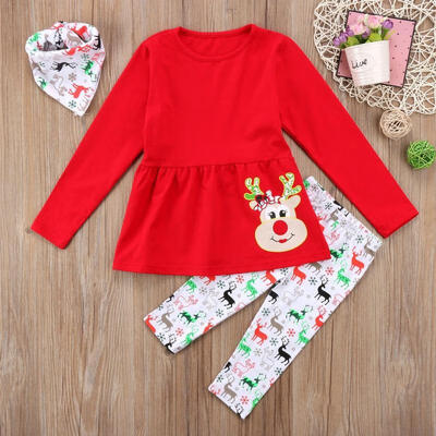 

3pcs Toddler Baby Girls Outfits Clothes T-shirt Tops DressLong Pants Xmas Set