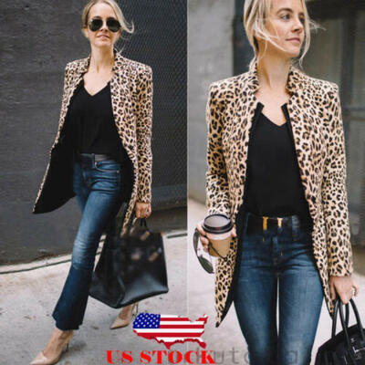 

US Leopard Jacket Women Sweater Top Warm Casual Winter Cardigan Long Sleeve Coat