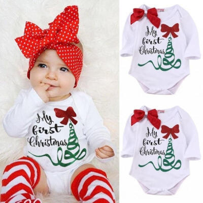 

2Pcsset Newborn Baby Boy Girl Christmas Long Sleeve Romper Bodysuit Jumpsuit headband Outfits