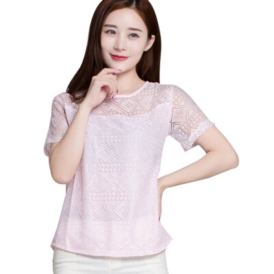 

Womens Short Sleeve Lace Hollow Out Blouses T Shirts Loose Summer Casual O-Neck Top