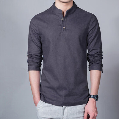 

Mens Long Sleeve Stand Collar Slim Fit Tops Buttons Solid Beach Summer Blouse