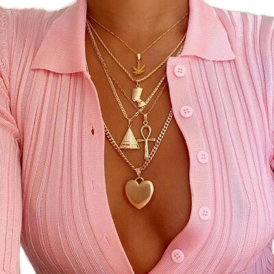 

Vintage Leaf Cross Heart Pyramid Ancient Egyptian Pharaoh Pendant Multilayer Gold Necklace Punk Lady Jewelry Women Necklace Set