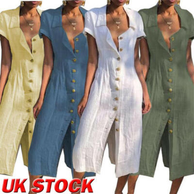 

Womens Cotton Linen Long Maxi Dress Short Sleeve Casual Boho Kaftan Gypsy Ethnic