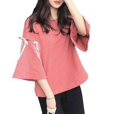 

Casual Women Summer T-shirt 34 Sleeves Tie Rope Solid Color Loose Tops
