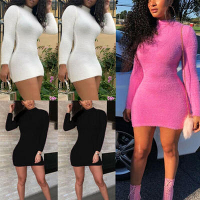 

Women Winter Knitted Jumper Gray Sweater Tops Pullover Knitwear Long Tops Dress