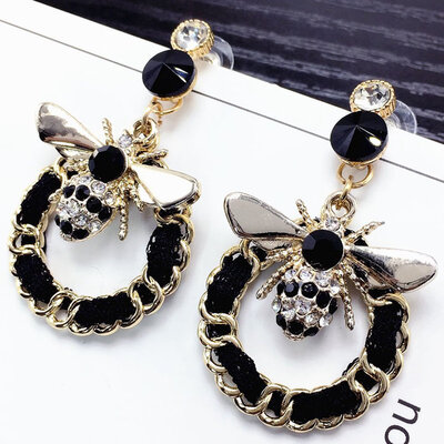 

guangxichuangshengxinfu 1 Pairs Women Enamel Crystal Gold Bee Flower Statement Stud Drop Dangle Earrings Jewelry
