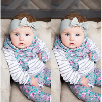 

Floral Stripe Baby Girls Clothes Hooded Tops Pants Coming Home Outfits 2Pcs Set