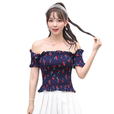 

Slash Neck T Shirt Sexy Pleated T-shirt Floral Print Chiffon Shirt Women Crop Tops