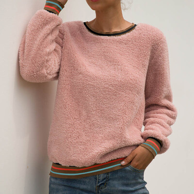 

Women Sweatshirt Stripe Stitching Wool Sweater Long Sleeve Round Neck