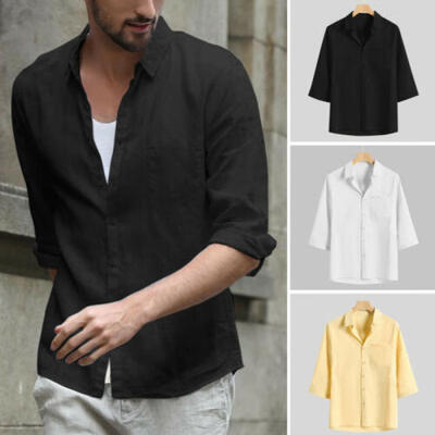 

Fashion Mens Cotton Linen Summer Solid Shirts Casual Loose Dress Soft Tops Tee