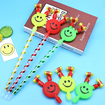 

4Pcs Smiley Emoji Long Stick Blowing Dragon Whistle Birthday Party Cheer Props