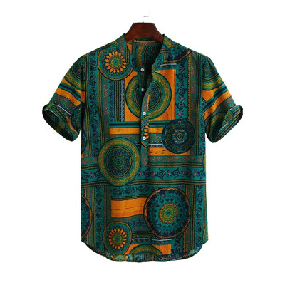 

Mens V Neck Short Sleeve Printed Blouse Ethnic Style Retro Vintage Summer Tops