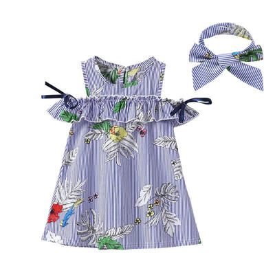 

2pcs Print Stripe Dress Kids O Neck Cold Shoulder Scarf Pleated Dresses