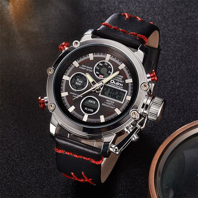 

Oulm Ou Lei double movement multi-function mens waterproof quartz watch leather belt watch mens watch