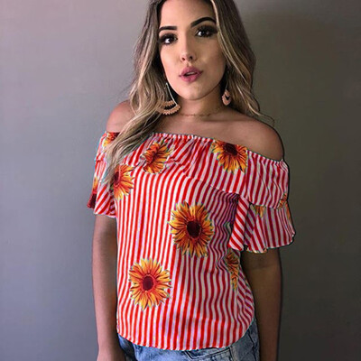 

Nomeni Womens Fashion Print Off The Shouler Summer Casual Short Sleeve T-Shirt