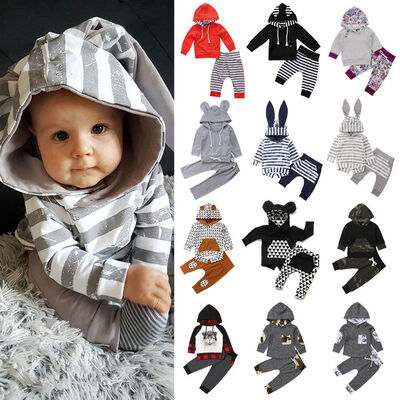 

UK Dinosaur Newborn Baby Boy Winter Outfits Clothes Hooded Tops Pants 2Pcs Set