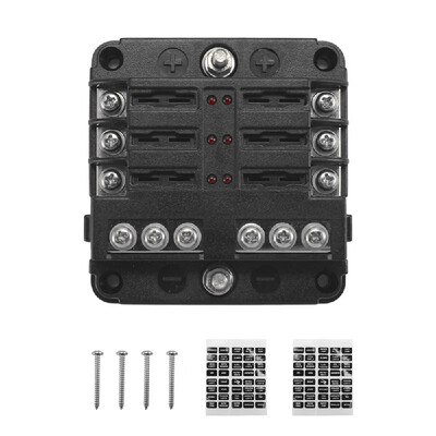 

32V Plastics Cover Fuse Box Holder M5 Stud With LED Indicator Light 6 Ways Blade for Auto Car Boat Marine Trike