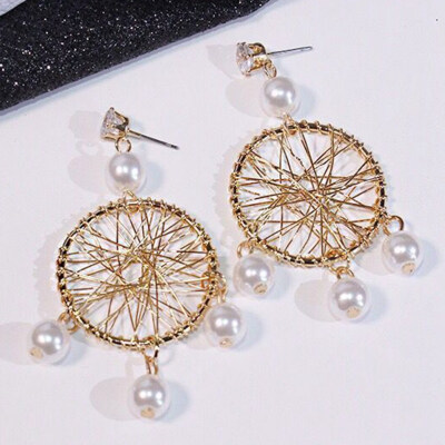 

New Mode Style Women Hollow Jewelry Statement Big Round Circle Metal Wire Earrings Fashion Simulated Pearl For Birthday Gifts