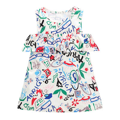 

Girls Graffiti Print Dress Off Shoulder Sleeveless Summer Princess Dresses