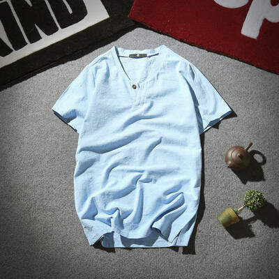 

Linen Big V-Neck Male T-Shirt Japanese Style Solid Color Mens Casual Short-Sleeve T-shirt