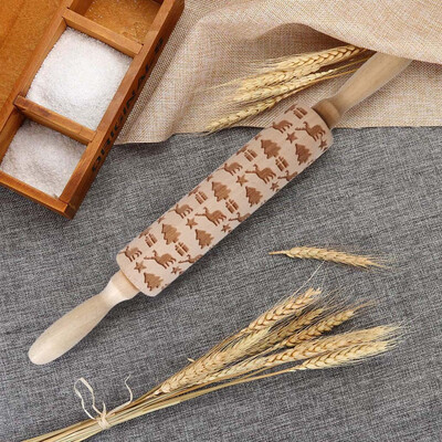 

Siaonvr Christmas Rolling Pin Engraved Carved Wood Embossed Rolling Pin Kitchen Tool