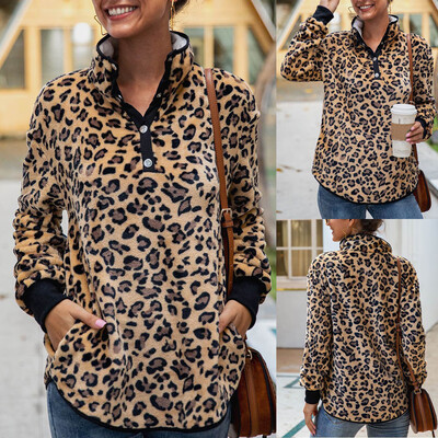 

Tailored Women Fashion Sexy Leopard Print Button Pocket Long Sleeve Plush Sweatshirt Top