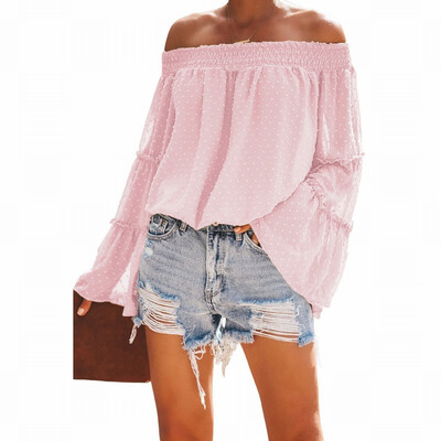 

Dotted trumpet long sleeved word collar hollow loose top