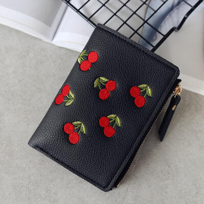 

Womens Short Wallet Vertical Zipper Buckle Purse Cherry Embroidery Small Leather Wallet For Ladies Card Holder