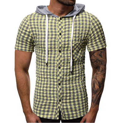 

Toponeto Mens Summer Hooded Pocket Button Short Sleeve Plaid T-shirt Top Vest Blouse