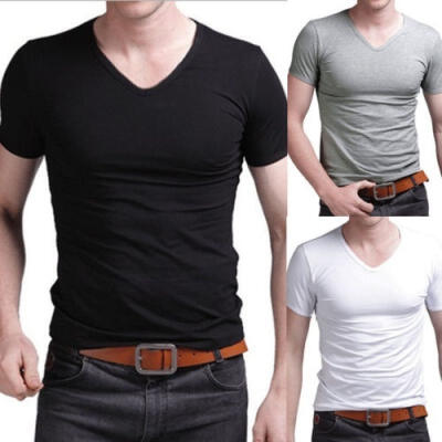 

New Men&acutes V Neck Tops Tee Shirt Slim Fit Short Sleeve Solid Color Casual T-Shirt