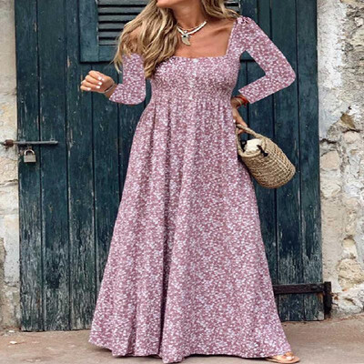 

Allover Square Neck Long Sleeves Bustier Flare Full-length Dress