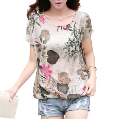 

Fashion Summer Women T-Shirt Short Sleeve Cotton Linen Floral Casual Tops