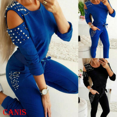 

Women Ladies Tracksuit Cold Shouder Tops Pants 2Pcs Set Lounge Wear Casual Suit