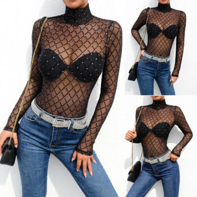 

US Womens Mesh Long Sleeve Tops Bodycon Jumpsuit Bodysuit Leotard Lingerie Net