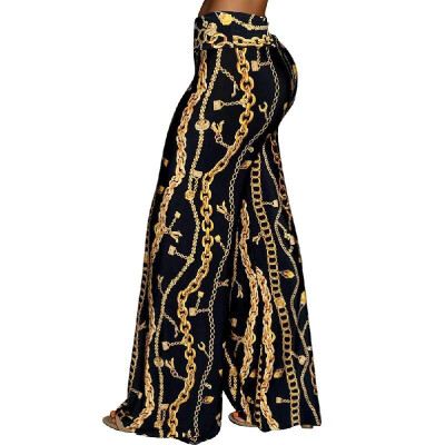 

Fashion Women Gold Chain Print Wide Leg Palazzo Pants Loose High Waist Party Club Capri Trousers Black