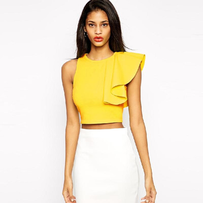 

Sexy Women Crop Top One Shoulder Ruffle Round Neck Sleeveless Fitness Tank Top T-Shirt BlackYellow