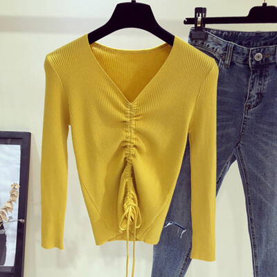 

sweater women Sexy lace up knitting pullover top Fashion autumn winter Chic pink V-neck knit slim jumper pull femme New